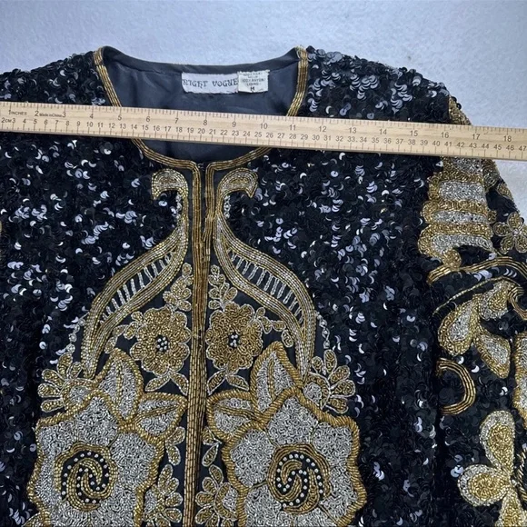 Vintage Night Vogue Black Sequin Silk Jacket Gold Embroidery Formal Sz M - Picture 5 of 10